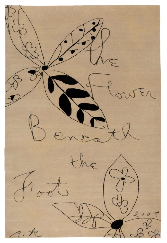 Rene Ricard The Flower Beneath The Foot, 2014 120 knot, Tibetan hand knotted, New Zealand wool, text in silk 72 x 108 inches; Courtesy Madeline Weinrib