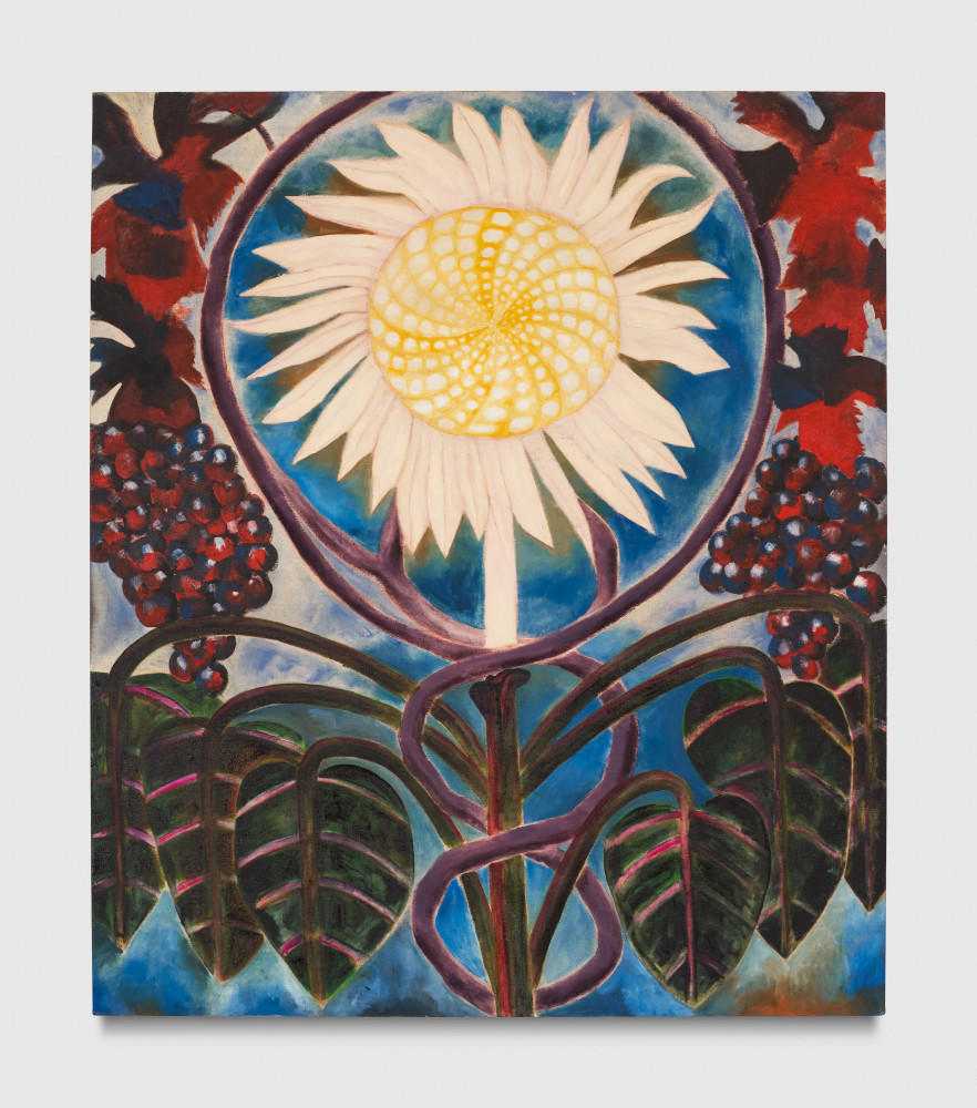 Oil on canvas painting of a sunflower surrounded by grapes by Francesco Clemente