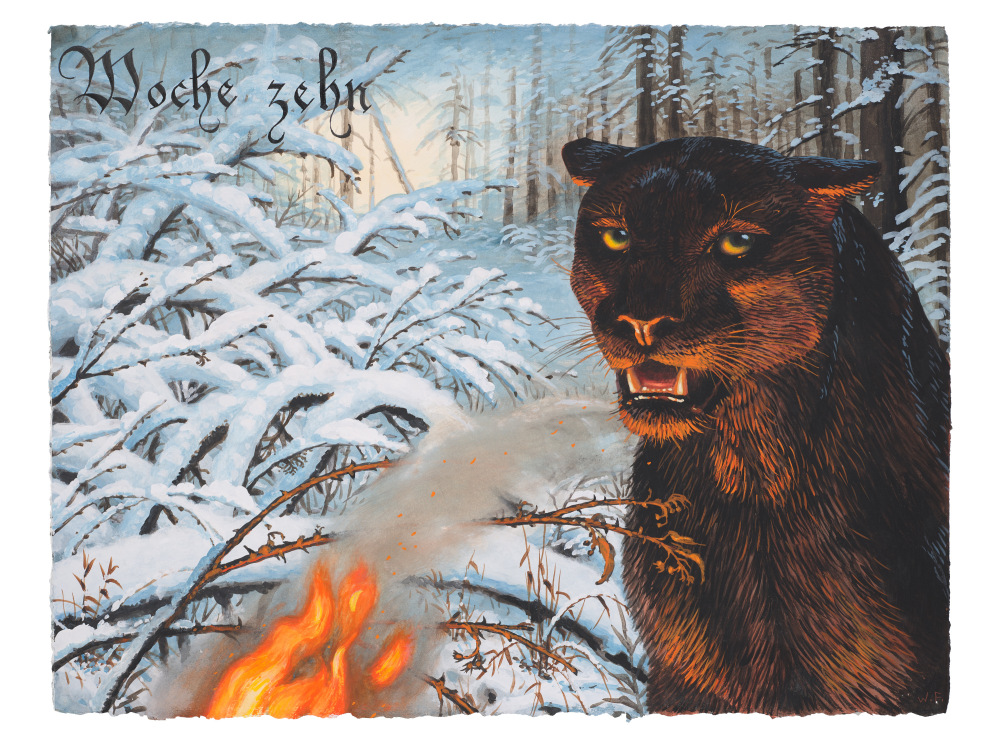 Mixed media on paper painting of a black panther staying warm by a fire in the Swiss Alps by Walton Ford