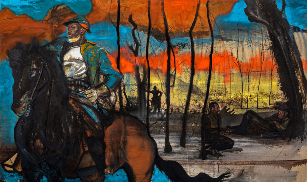 Chaz Guest’s “The Planning” (2021), in oil and Japanese Sumi ink on linen, is part of his series depicting the all-Black U.S. Army regiments known as the Buffalo Soldiers, which served on the frontier after the Civil War.