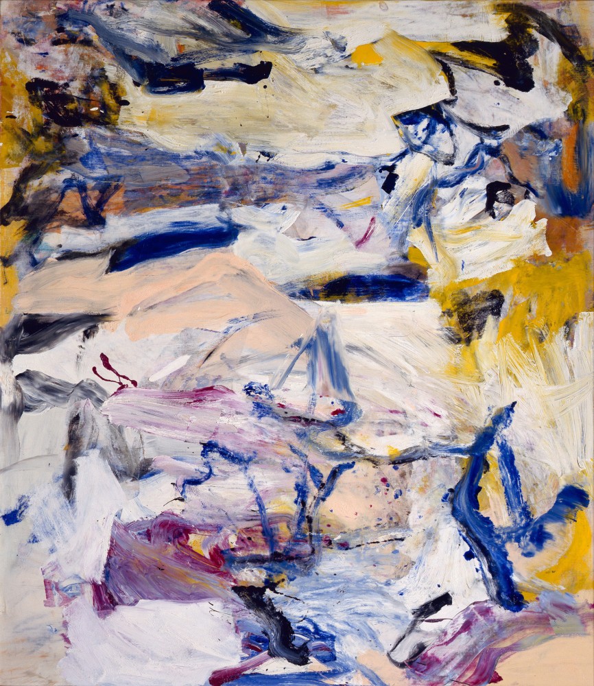Abstract painting with white, cream, blue, magenta, black, mustard, peach, and orange colors. The paint is applied with with heavy brushstrokes of various sizes.