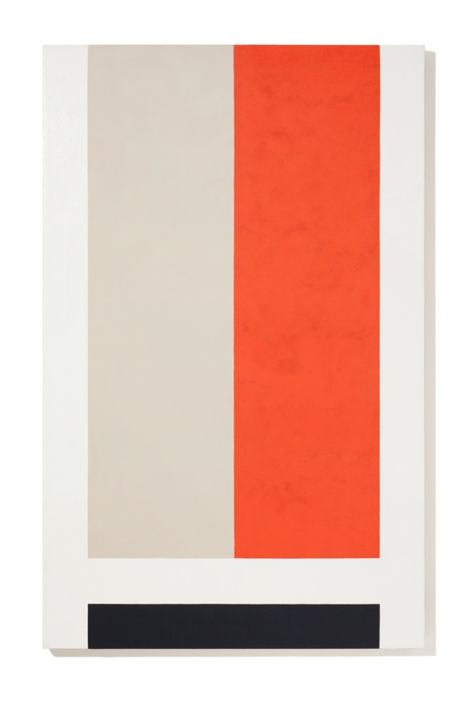 vertical john mclaughlin painting with red beige white and black geometric shapes