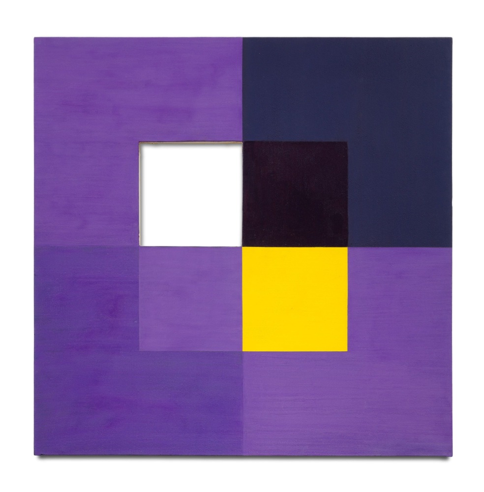 abstract painting with purple yellow and black by harvey quaytman