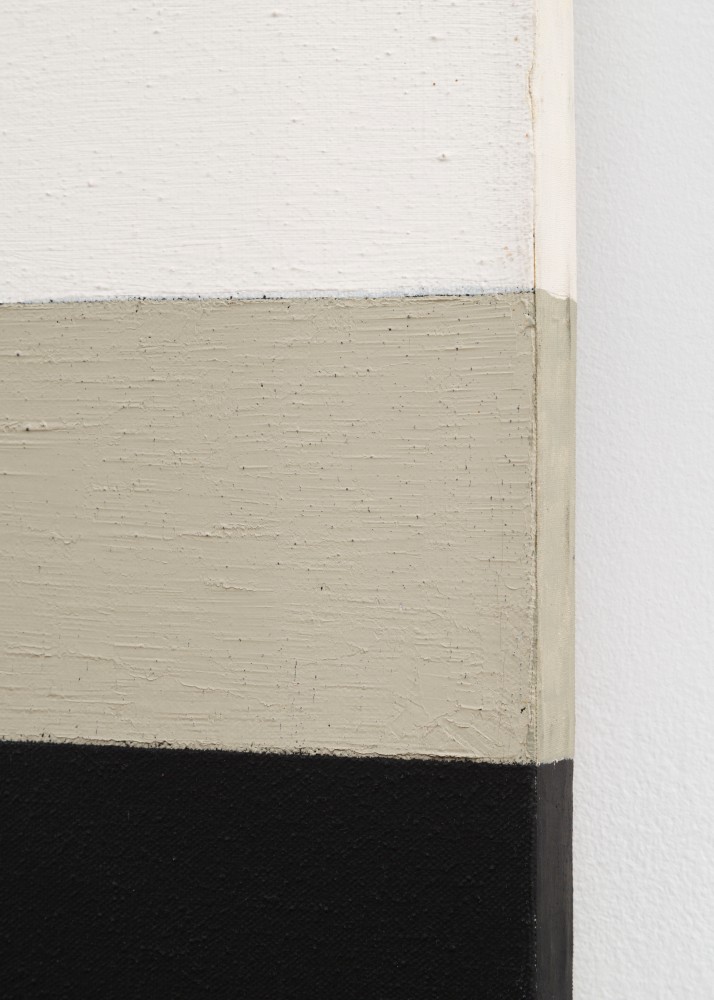 detail of the side of John McLaughlin painting, illustrates three colors of paint wrapping around side of stretched canvas