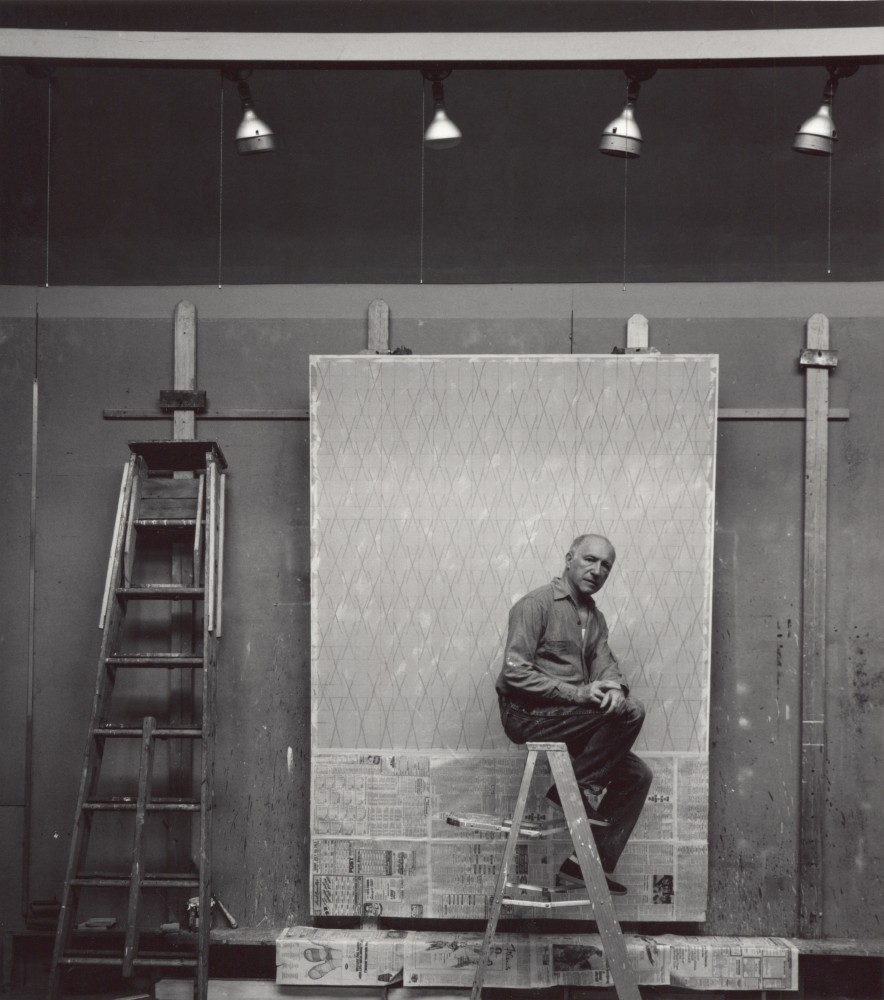 image of a man on an ladder in front of a painting in progress