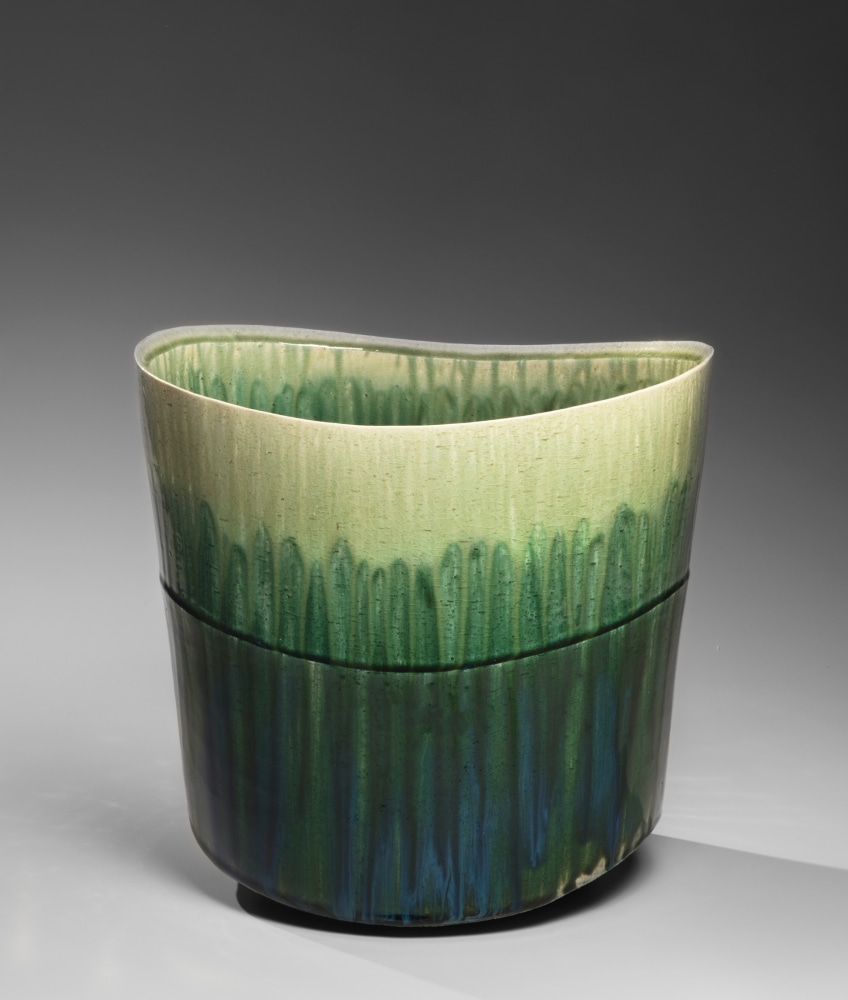 Suzuki Tetsu - Dripping, gradated green-glazed vessel with sloped mouth - Artworks - Joan B Mirviss LTD | Japanese Fine Art | Japanese Ceramics