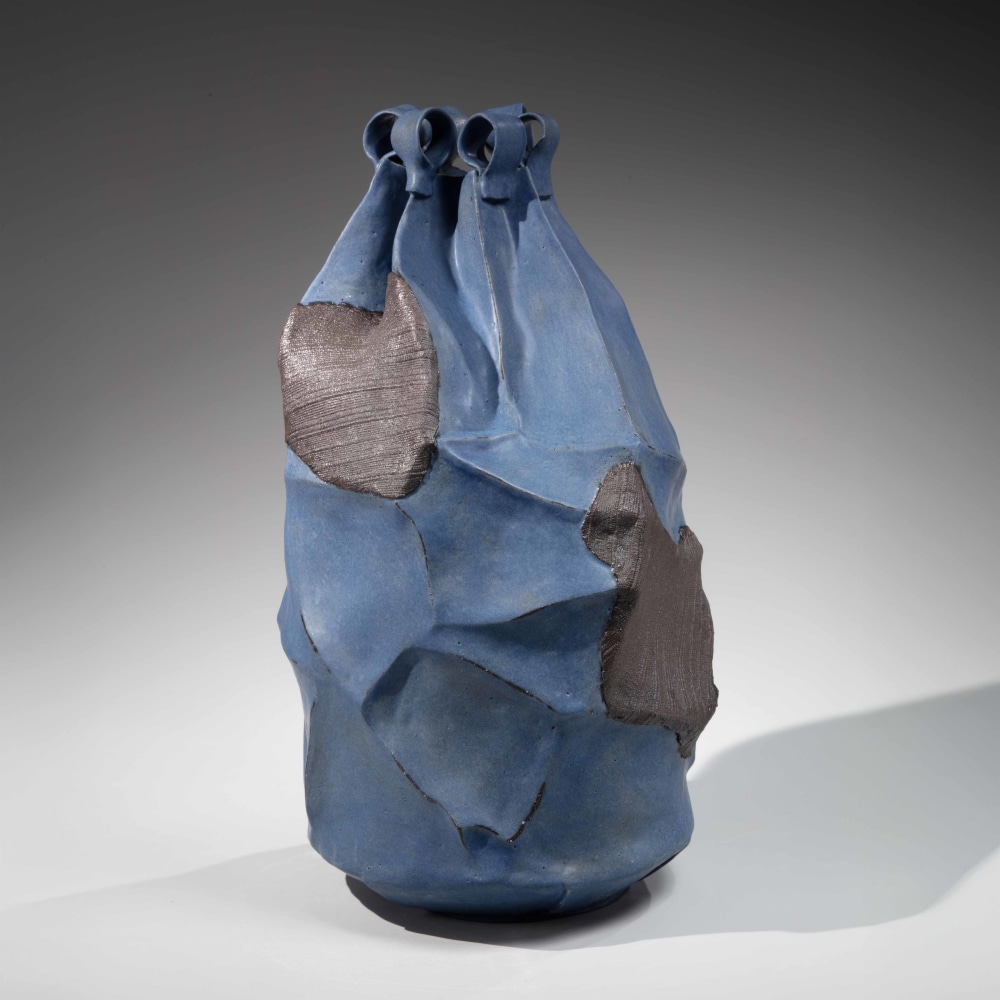 Tsuboi Asuka - Vertical sculpture of a drawstring patchwork bag - Artworks - Joan B Mirviss LTD | Japanese Fine Art | Japanese Ceramics