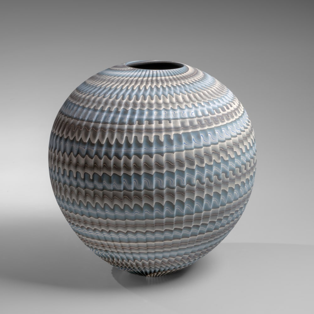 Ogata Kamio - Spherical pleated vase with banding layers of colored clay - Artworks - Joan B Mirviss LTD | Japanese Fine Art | Japanese Ceramics