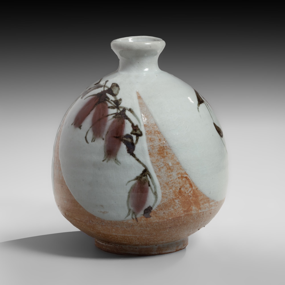 Tamura Kōichi - Round vase with narrow neck, flared mouth, and bellflower motif - Artworks - Joan B Mirviss LTD | Japanese Fine Art | Japanese Ceramics