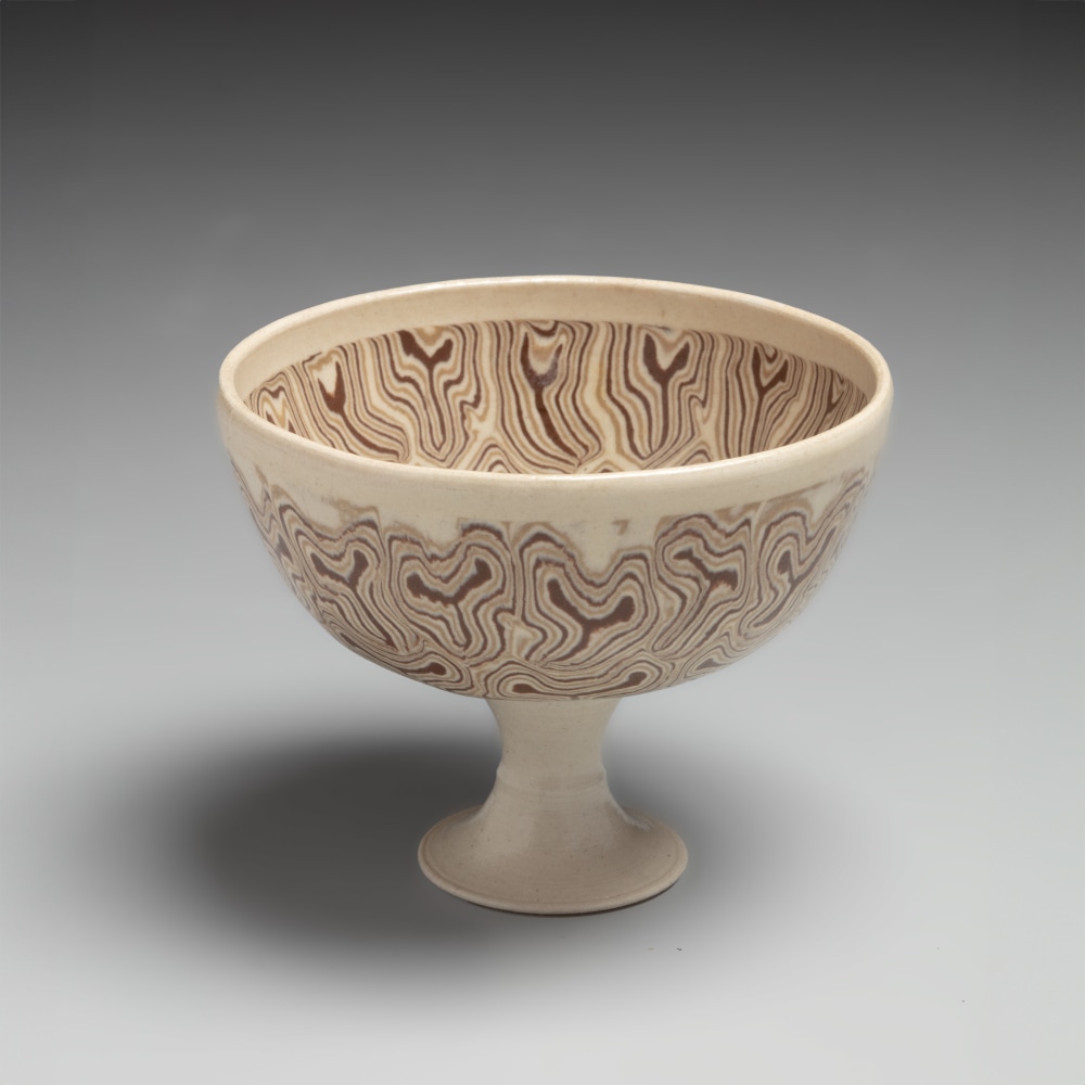 Kawase Shinobu - Nerikomi stemmed sake cup on short, flared base - Artworks - Joan B Mirviss LTD | Japanese Fine Art | Japanese Ceramics