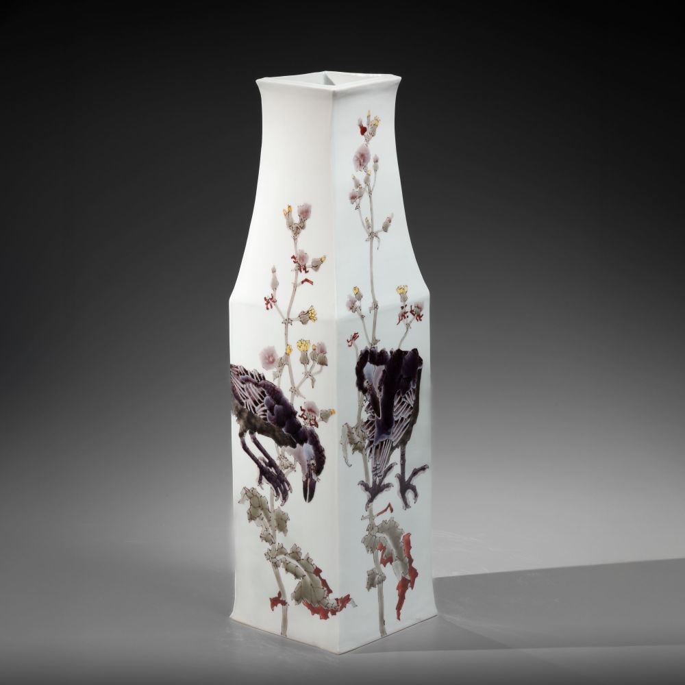 Takegoshi Jun - Tall square vessel with angled shoulders and tapered neck depicting sow thistle and crows - Artworks - Joan B Mirviss LTD | Japanese Fine Art | Japanese Ceramics