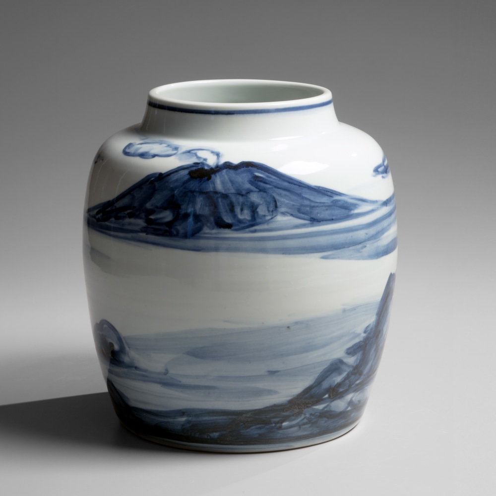 Kondō Yūzō - Large tsubo (vessel) with volcanic landscape design in sometsuke (cobalt blue) underglaze - Artworks - Joan B Mirviss LTD | Japanese Fine Art | Japanese Ceramics