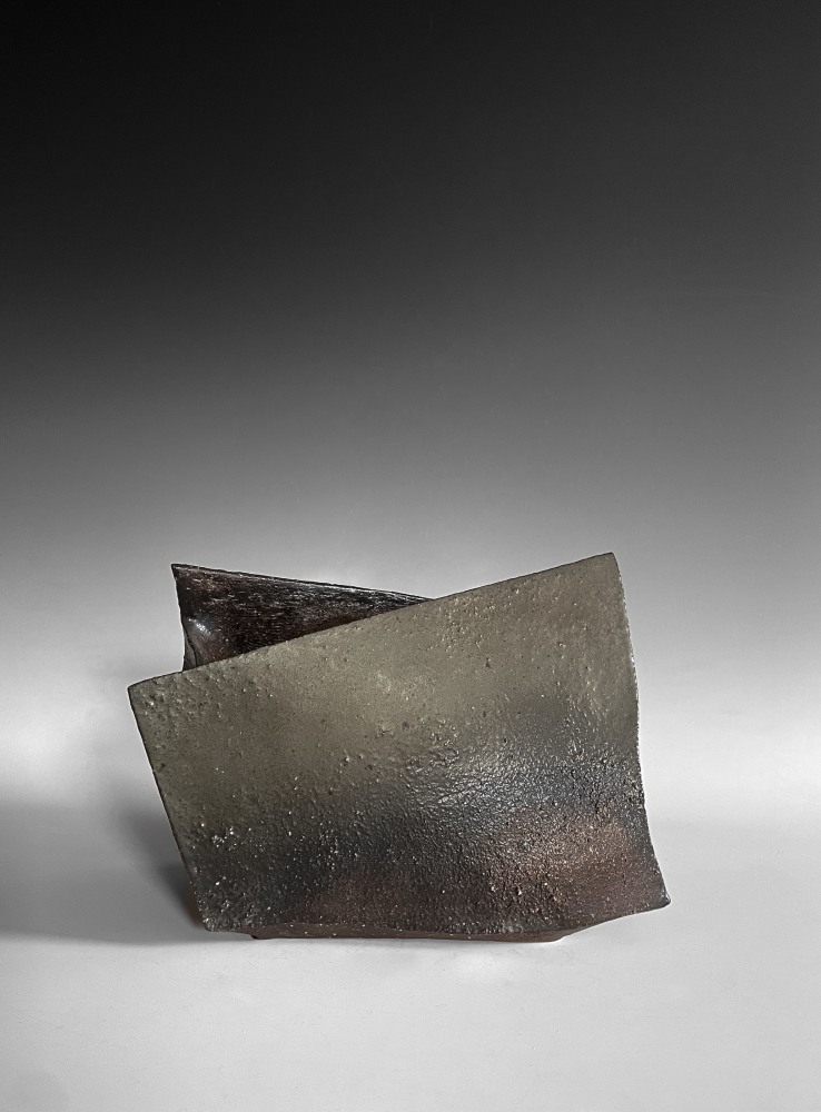 Shimizu Keiichi - Slightly twisting rectangular ash-glazed vessel - Artworks - Joan B Mirviss LTD | Japanese Fine Art | Japanese Ceramics