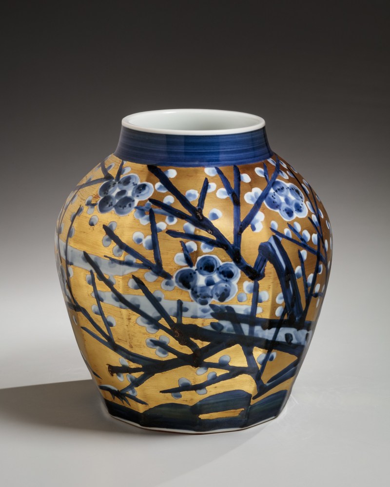 Kondō Yūzō - Large overglazed faceted vase with plum tree and blossoms design - Artworks - Joan B Mirviss LTD | Japanese Fine Art | Japanese Ceramics