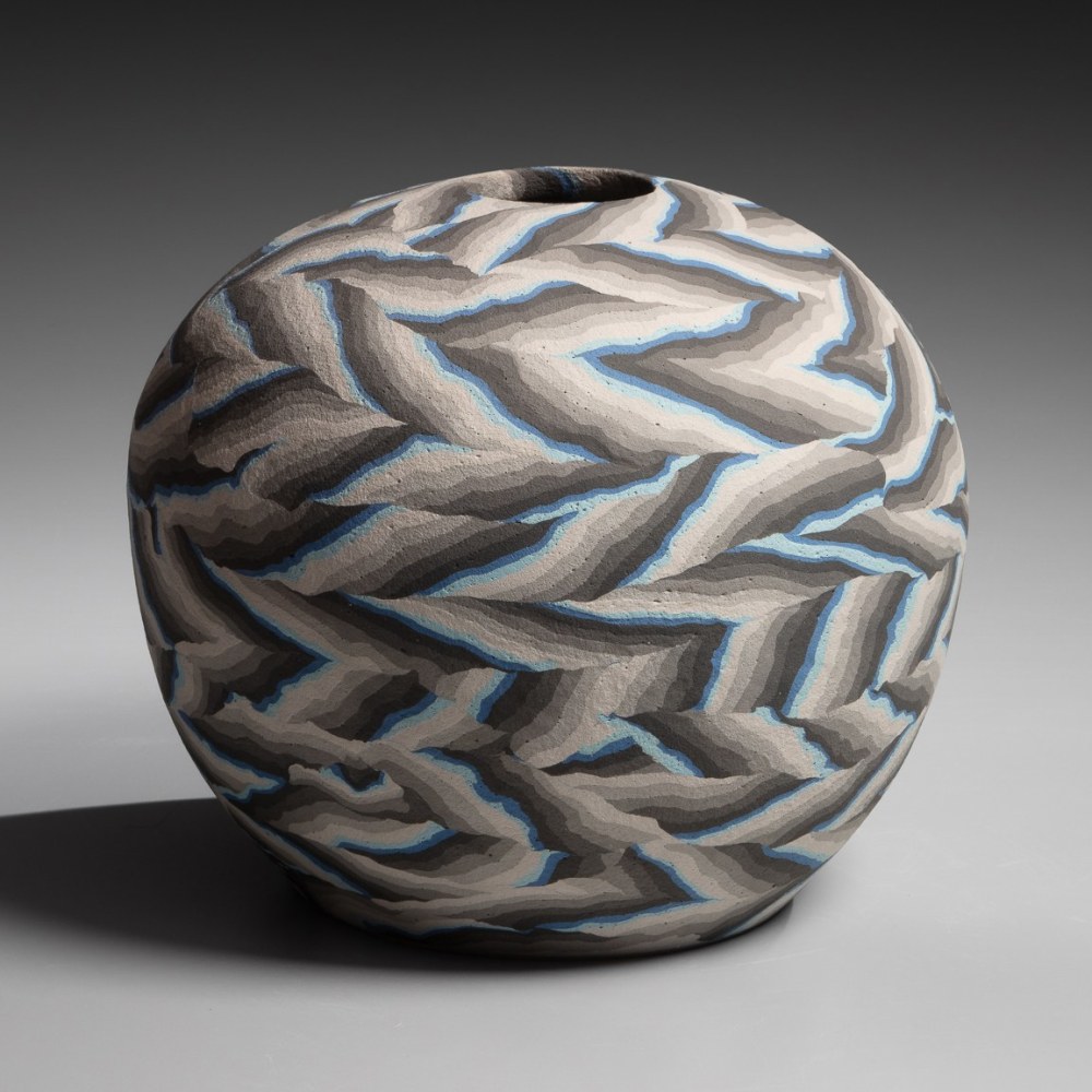 Matsui Kōsei - Small vessel with chevron-patterned layers and sand treated surface - Artworks - Joan B Mirviss LTD | Japanese Fine Art | Japanese Ceramics