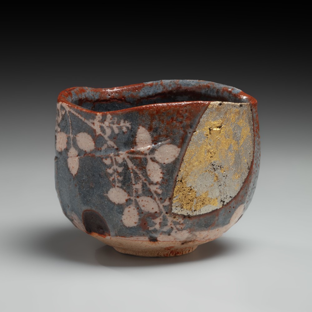 Wakao Toshisada - Gray Shino teabowl of bush clover half moon design, - Artworks - Joan B Mirviss LTD | Japanese Fine Art | Japanese Ceramics