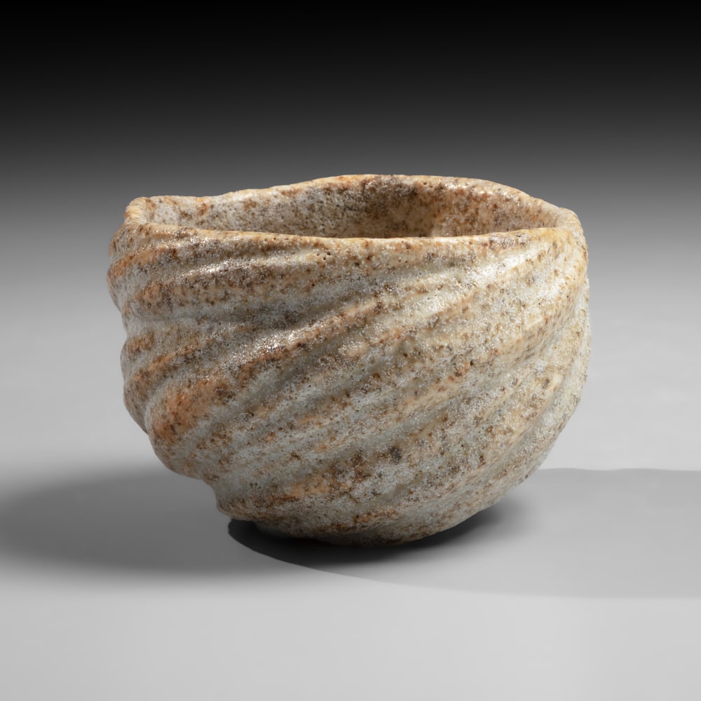 Sakiyama Takayuki - Orangish-brown teabowl with diagonally incised twisting folds - Artworks - Joan B Mirviss LTD | Japanese Fine Art | Japanese Ceramics