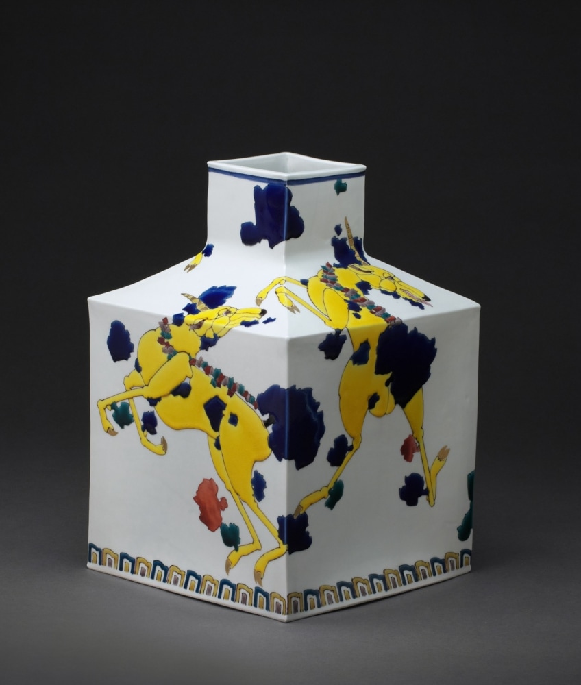 Takegoshi Jun - Square vase with mythological kirin dancing in the clouds - Artworks - Joan B Mirviss LTD | Japanese Fine Art | Japanese Ceramics