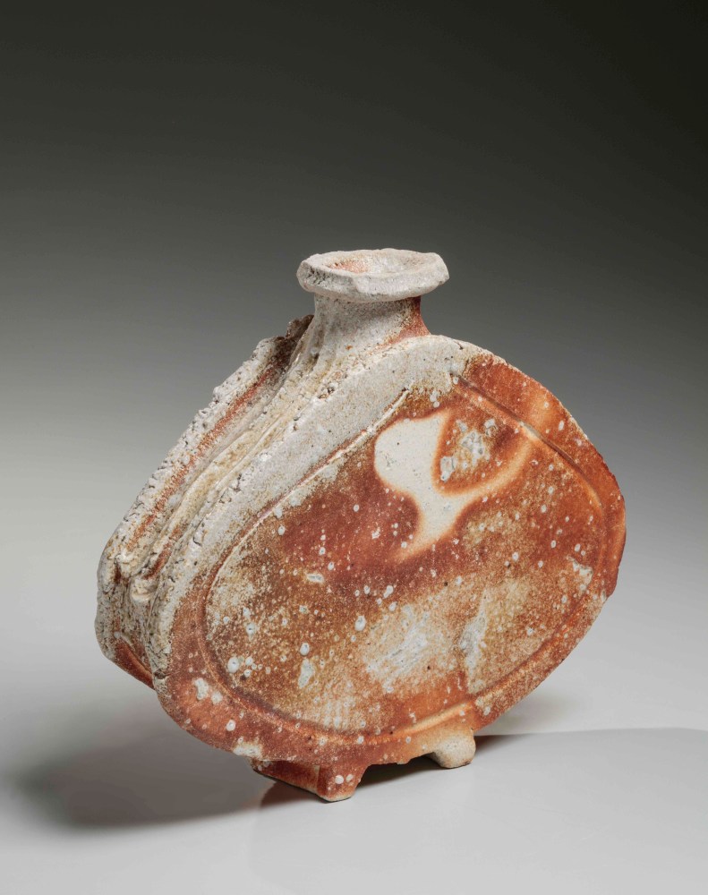 Furutani Michio - Shigaraki flattened vase on low feet - Artworks - Joan B Mirviss LTD | Japanese Fine Art | Japanese Ceramics