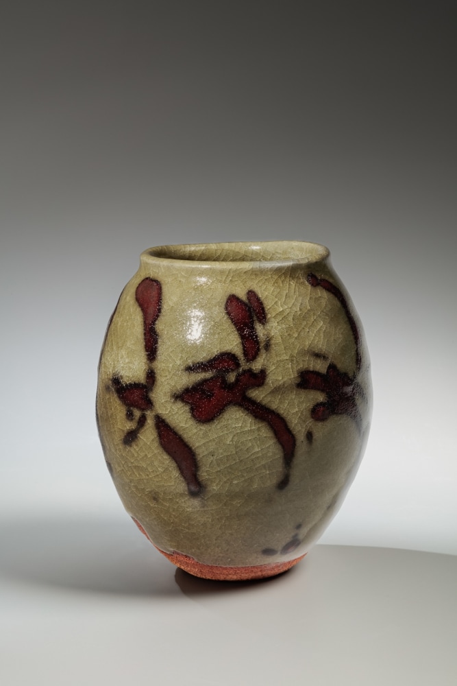 Ishiguro Munemaro - Celadon vessel with iron-oxide brushed design - Artworks - Joan B Mirviss LTD | Japanese Fine Art | Japanese Ceramics