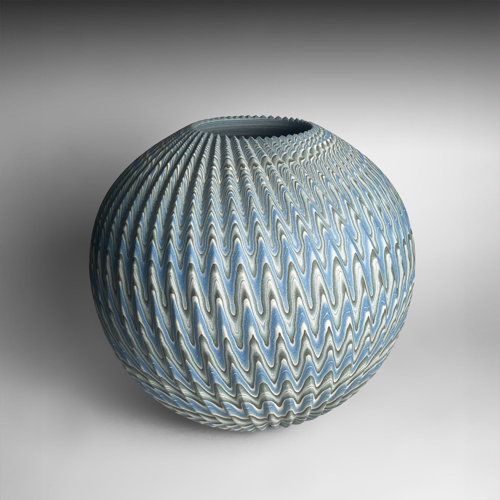 Ogata Kamio - Spherical pleated vase with banding layers of clay - Artworks - Joan B Mirviss LTD | Japanese Fine Art | Japanese Ceramics
