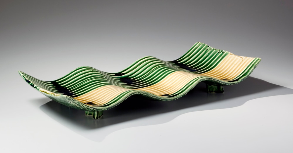 Suzuki Tetsu - Undulating platter with carved stripes - Artworks - Joan B Mirviss LTD | Japanese Fine Art | Japanese Ceramics