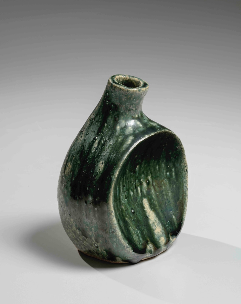 Kumakura Junkichi - Oribe-glazed asymmetrical ovoid vase - Artworks - Joan B Mirviss LTD | Japanese Fine Art | Japanese Ceramics