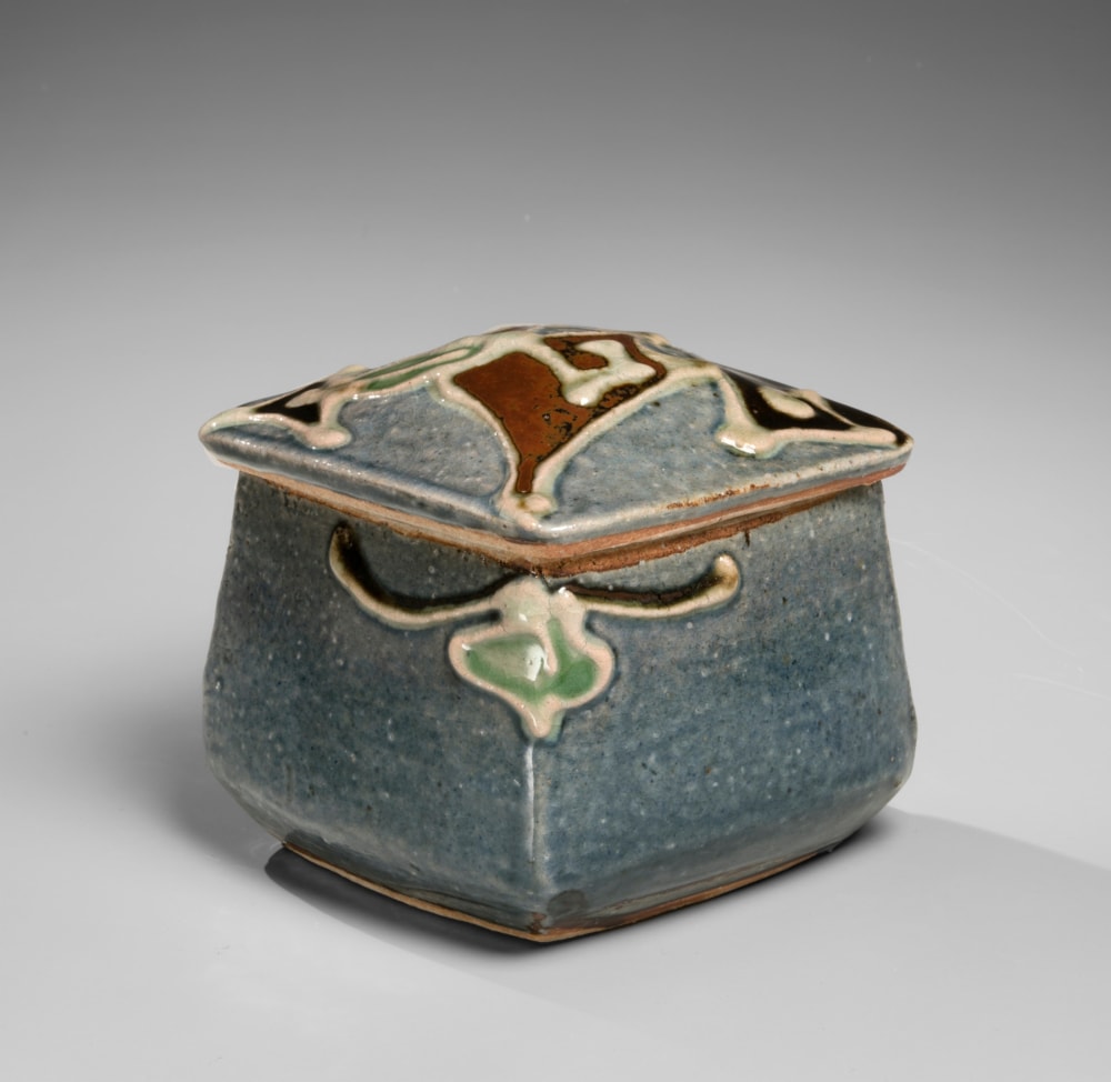 Kawai Kanjirō - Blue ceramic covered chevron box - Artworks - Joan B Mirviss LTD | Japanese Fine Art | Japanese Ceramics