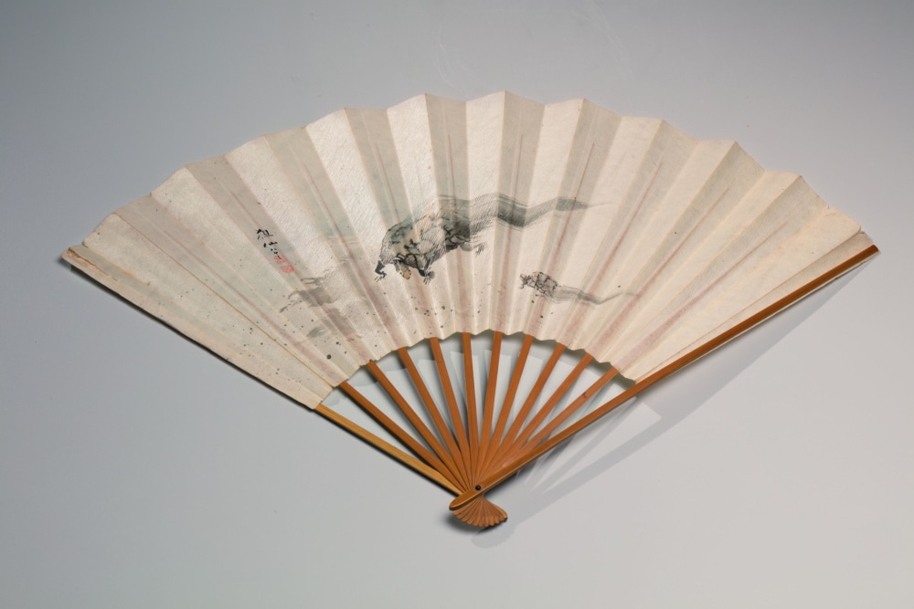 Mori Sosen - Folding fan with two mossy-tailed tortoises - Artworks - Joan B Mirviss LTD | Japanese Fine Art | Japanese Ceramics