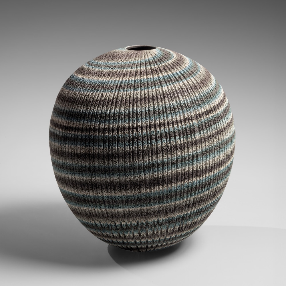 Ogata Kamio - Vessel with deeply vertically carved surface and horizontal layers colored clays - Artworks - Joan B Mirviss LTD | Japanese Fine Art | Japanese Ceramics