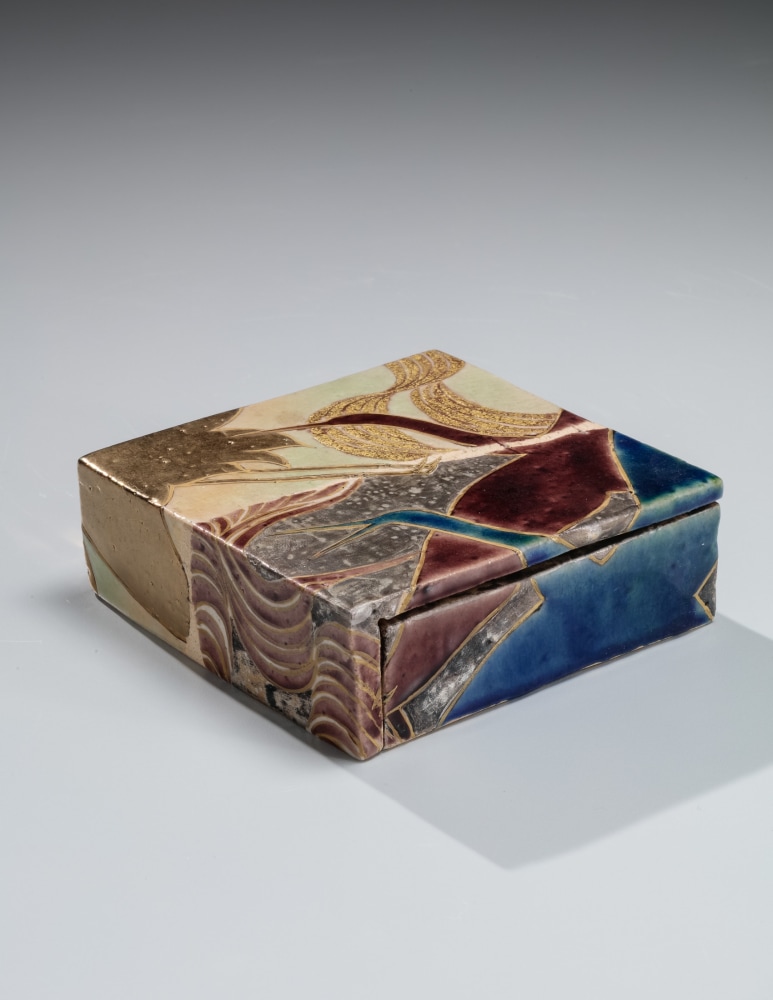 Nakamura Takuo - Square box with rimpa maple-leaf and wave decoration - Artworks - Joan B Mirviss LTD | Japanese Fine Art | Japanese Ceramics