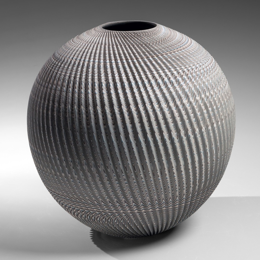 Ogata Kamio - Spherical vessel with finely pleated surface - Artworks - Joan B Mirviss LTD | Japanese Fine Art | Japanese Ceramics