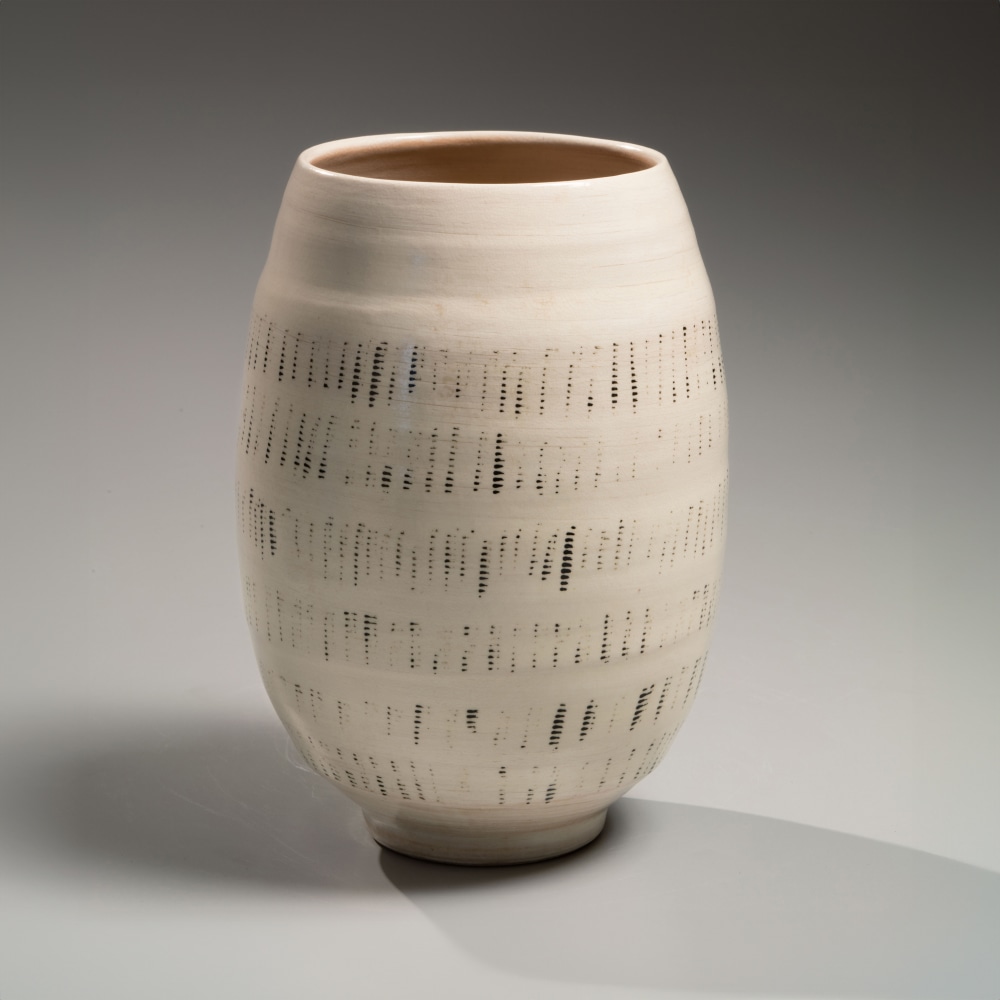 Yamada Hikaru - White glazed columnar vase with repeated linear design - Artworks - Joan B Mirviss LTD | Japanese Fine Art | Japanese Ceramics