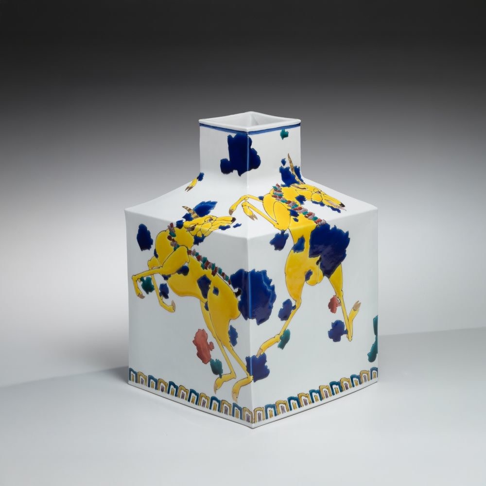 Takegoshi Jun - Square vase with tall raised neck and sloped shoulders decorated with yellow and deep blue mythological kirin dancing in the clouds - Artworks - Joan B Mirviss LTD | Japanese Fine Art | Japanese Ceramics
