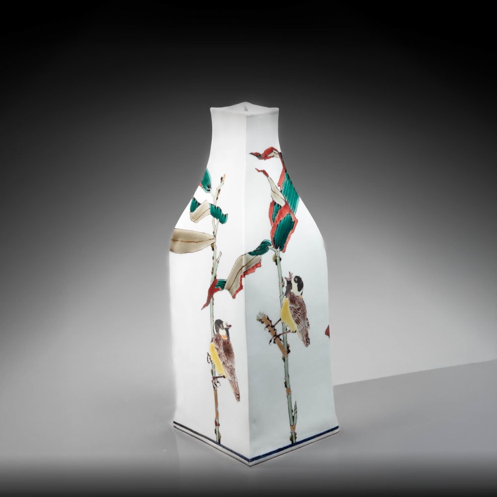 Takegoshi Jun - Square vase with narrow neck decorated with great reed warblers perched on bamboo grass - Artworks - Joan B Mirviss LTD | Japanese Fine Art | Japanese Ceramics