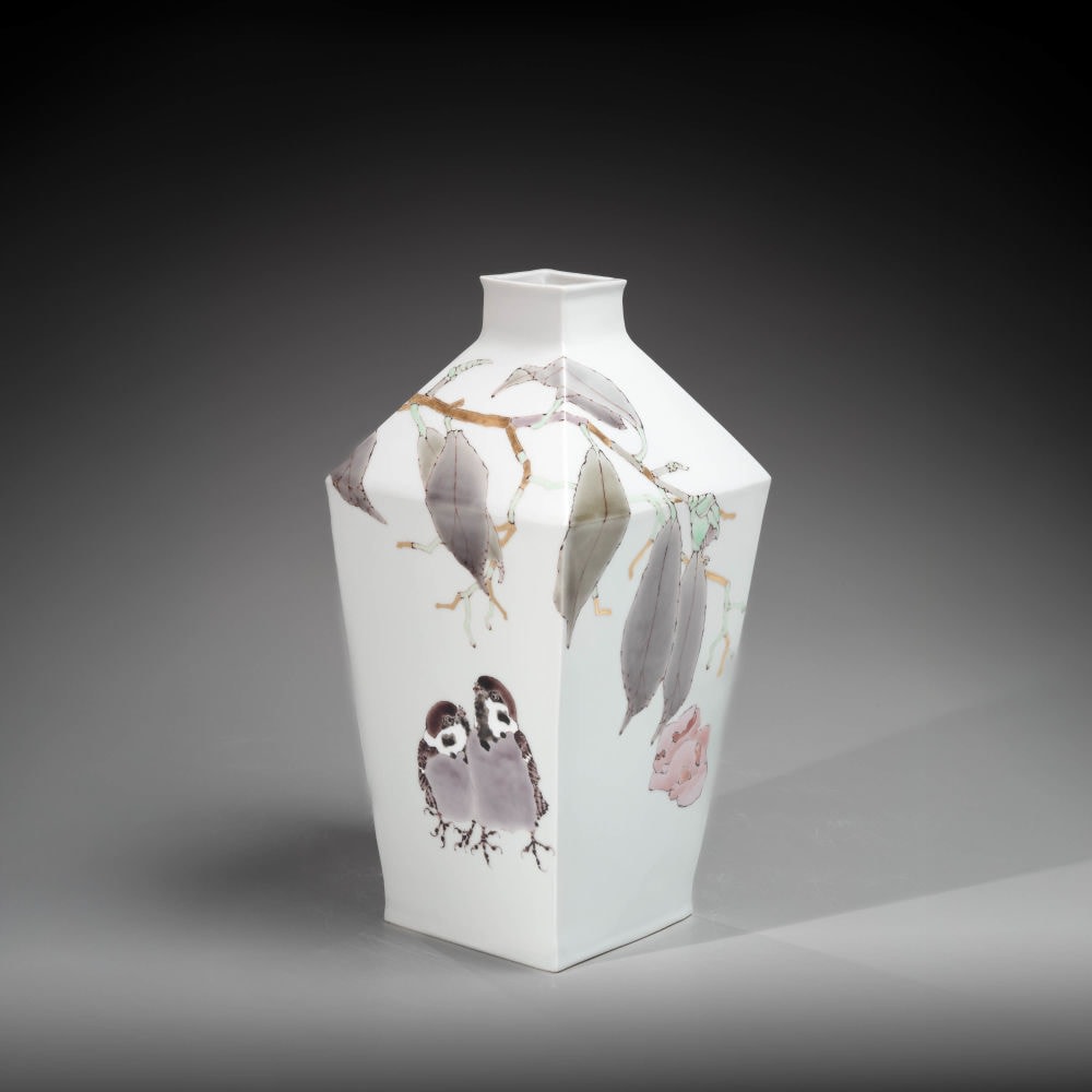 Takegoshi Jun - Square vase with narrow angled neck decorated with sparrows under camellia branches - Artworks - Joan B Mirviss LTD | Japanese Fine Art | Japanese Ceramics