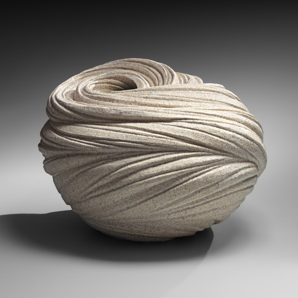 Sakiyama Takayuki - Shallow, obliquely rounded vessel with carved and incised spiraling folds - Artworks - Joan B Mirviss LTD | Japanese Fine Art | Japanese Ceramics