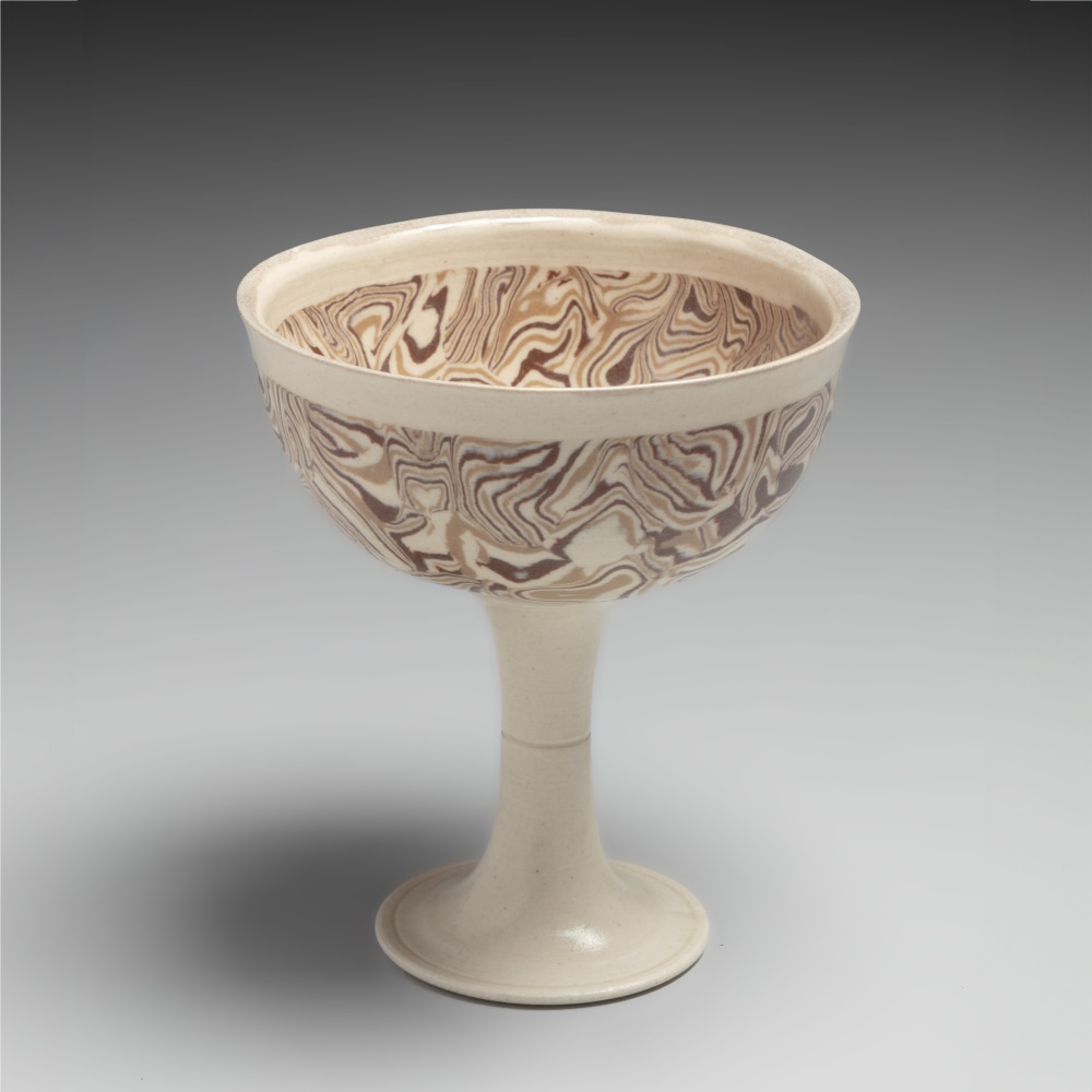 Kawase Shinobu - Nerikomi stemmed sake cup on a tall flared base - Artworks - Joan B Mirviss LTD | Japanese Fine Art | Japanese Ceramics
