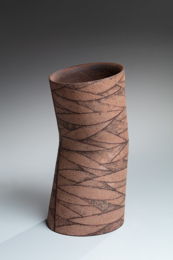 Kuriki Tatsusuke - Columnar, slightly bent vessel with woven-pattern decoration - Artworks - Joan B Mirviss LTD | Japanese Fine Art | Japanese Ceramics