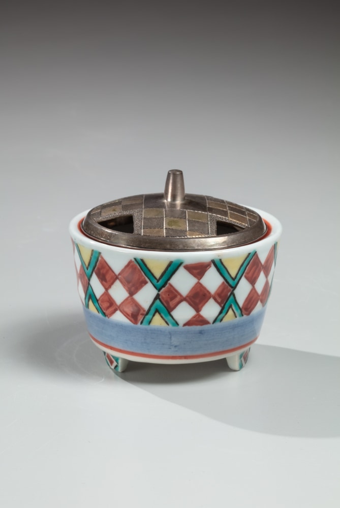 Tomimoto Kenkichi - Polychrome incense burner with geometric patterning - Artworks - Joan B Mirviss LTD | Japanese Fine Art | Japanese Ceramics