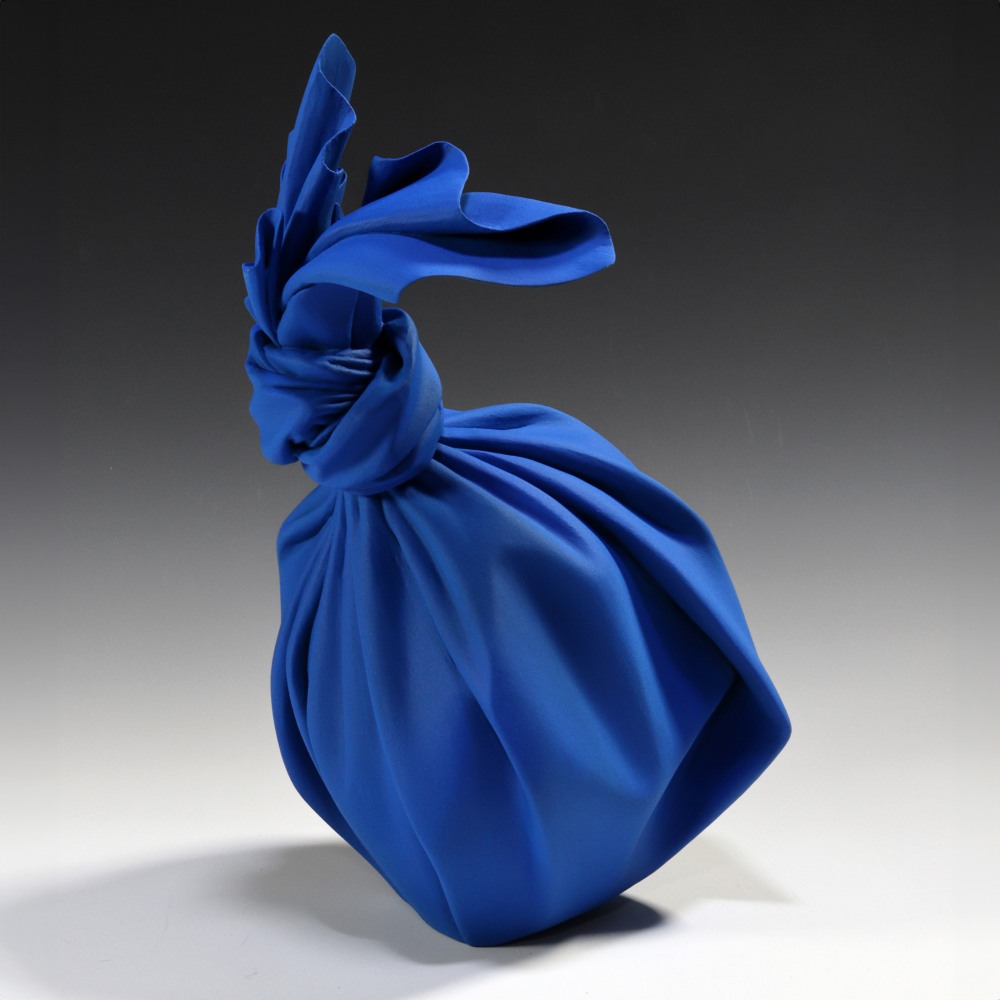 Tanaka Yū - Blue sculpture in the shape of a furoshiki (wrapping cloth) containing a rounded vessel - Artworks - Joan B Mirviss LTD | Japanese Fine Art | Japanese Ceramics