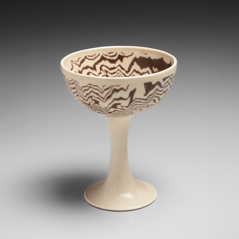 Kawase Shinobu - Nerikomi stemmed sake cup on a tall flared base - Artworks - Joan B Mirviss LTD | Japanese Fine Art | Japanese Ceramics