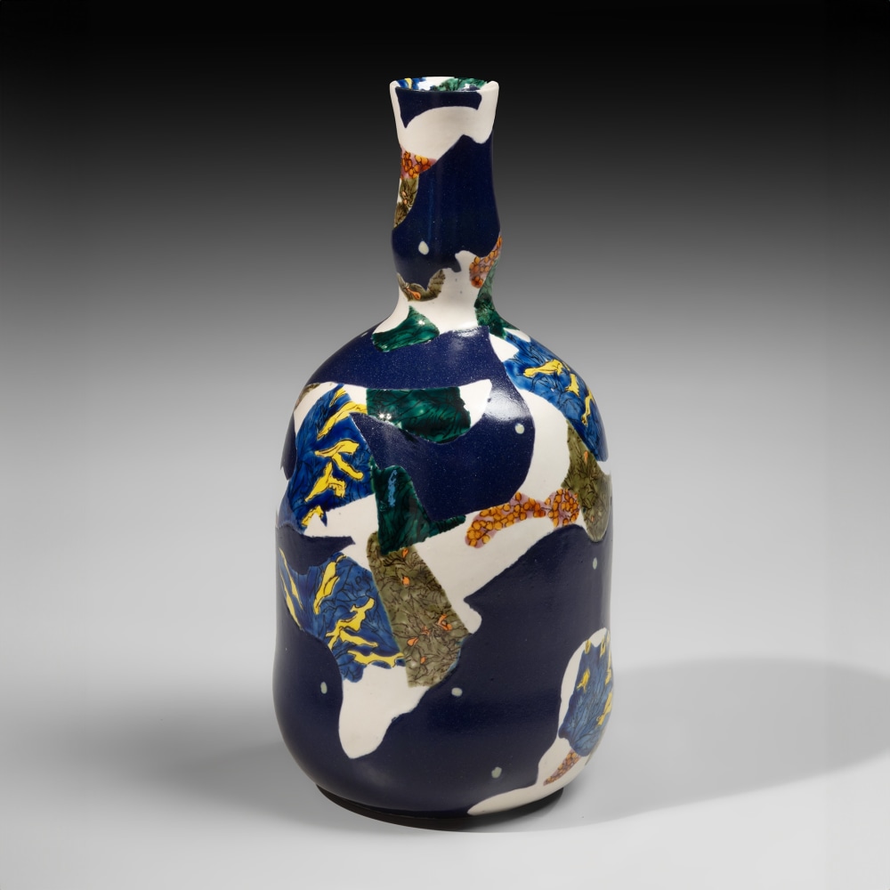 Wada Morihiro - Blue bottle-vase with tall neck and colorful abstract pattering - Artworks - Joan B Mirviss LTD | Japanese Fine Art | Japanese Ceramics