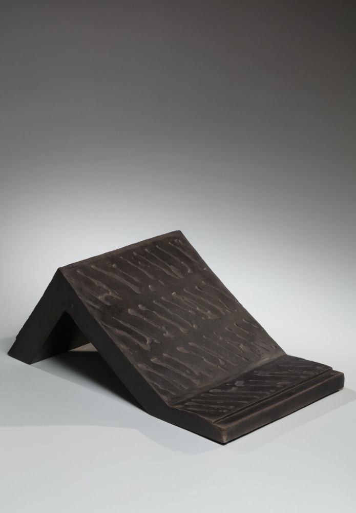 Yamada Hikaru - Black folded angled 'bent plate' sculpture with deeply impressed linear patterning - Artworks - Joan B Mirviss LTD | Japanese Fine Art | Japanese Ceramics