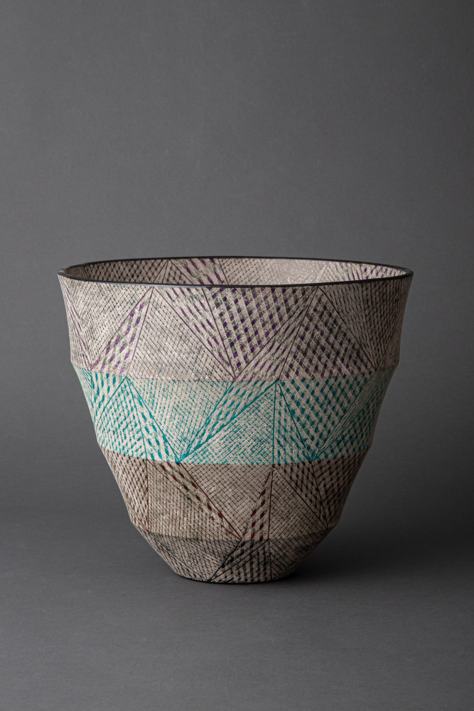 Maeda Masahiro - Large tiered conical vessel in black and teal with silver linear patterning - Artworks - Joan B Mirviss LTD | Japanese Fine Art | Japanese Ceramics
