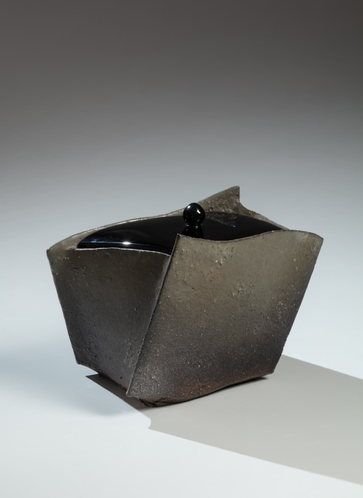 Shimizu Keiichi - Slightly twisting rectangular ash-glazed waterjar - Artworks - Joan B Mirviss LTD | Japanese Fine Art | Japanese Ceramics