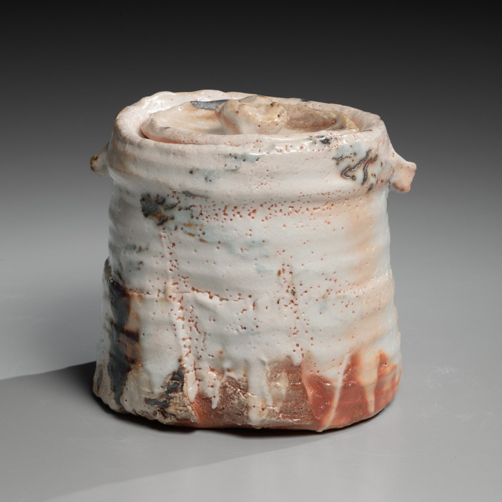 Hori Ichirō - Shino type columnar small-eared mizusashi (waterjar) with thick collar - Artworks - Joan B Mirviss LTD | Japanese Fine Art | Japanese Ceramics