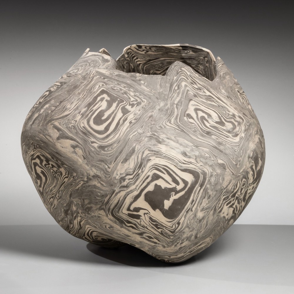 Takiguchi Kazuo - Biomorphic irregular vessel with knife-cut jagged mouth - Artworks - Joan B Mirviss LTD | Japanese Fine Art | Japanese Ceramics