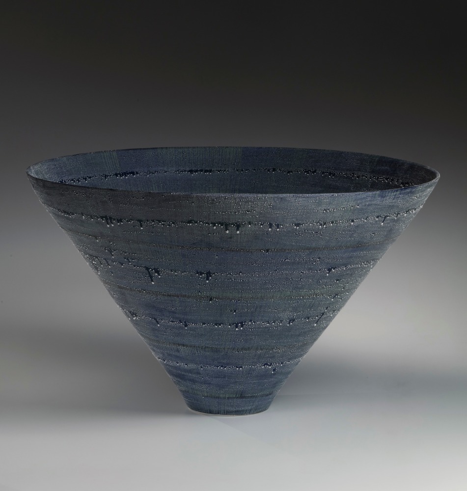 Kondō Takahiro - Cobalt and green-glazed large conical bowl with “silver mist” overglaze - Artworks - Joan B Mirviss LTD | Japanese Fine Art | Japanese Ceramics