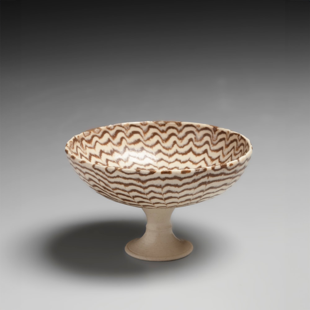 Kawase Shinobu - Nerikomi stemmed sake cup on a raised flaring foot - Artworks - Joan B Mirviss LTD | Japanese Fine Art | Japanese Ceramics